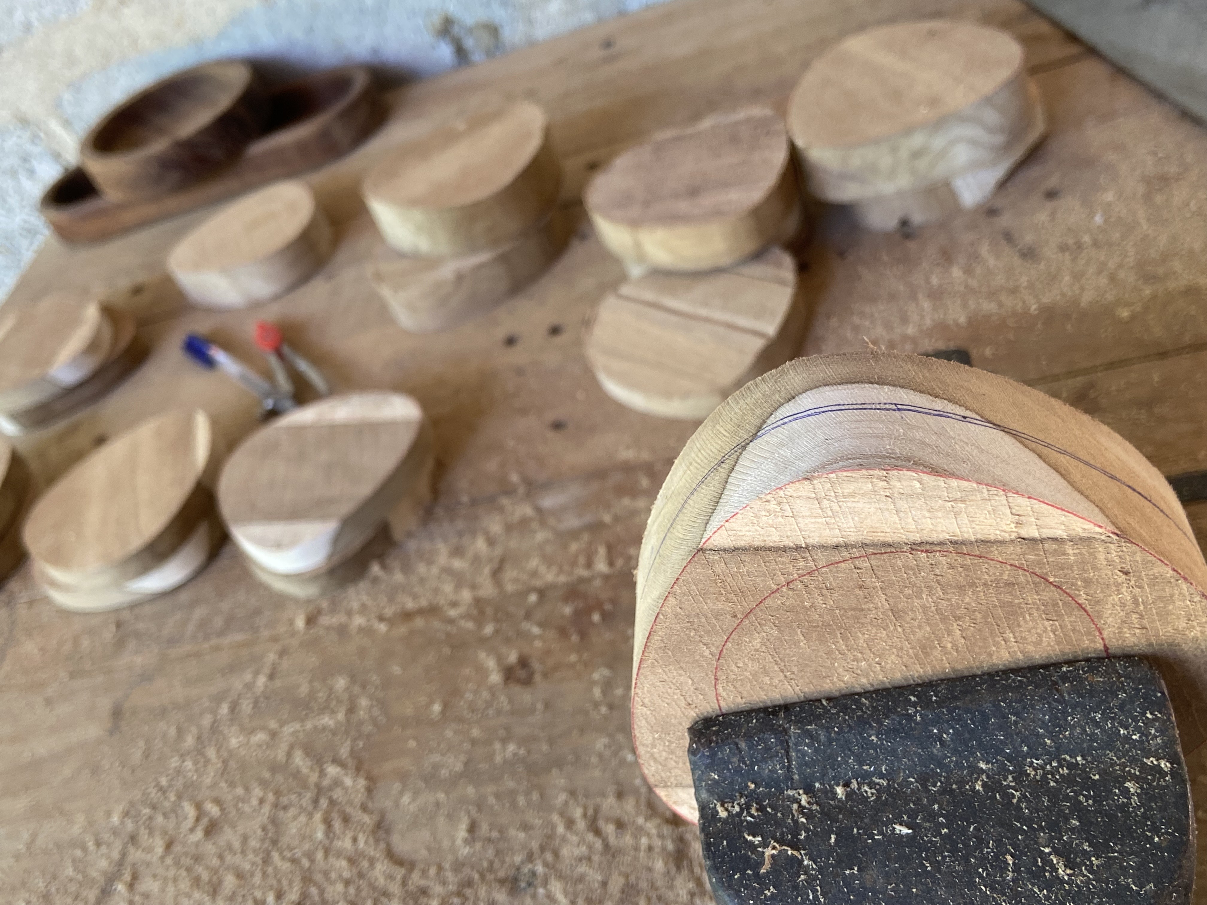 Close-up of a compass layout on an end-grain wood blank